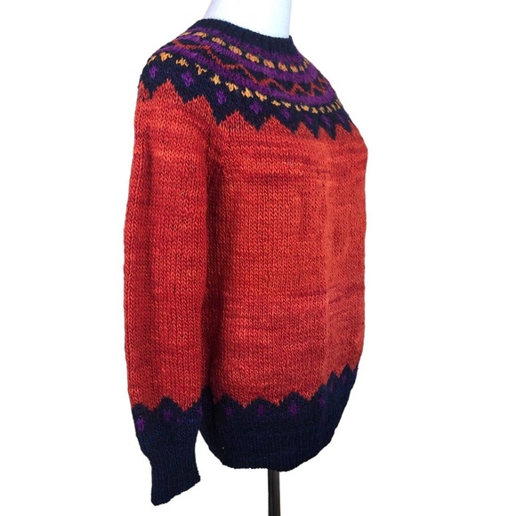 Vintage Wool Sweater Made in Uruguay Hand Knit Fair Isle Pullover - Picture 6 of 9